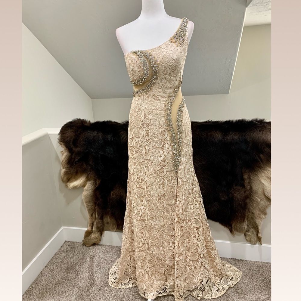 New Gorgeous Floral Lace With Beaded One Shoulder Gown